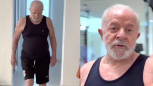 Imagem colorida mostra duas imagens de Lula se exercitando