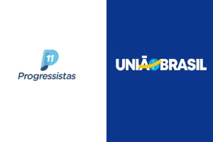 Imagem colorida mosta logo do PP a esqueda e do União Brasil a Direita