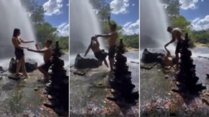VÍDEO: Noiva escorrega em cachoeira ao receber pedido de casamento e viraliza