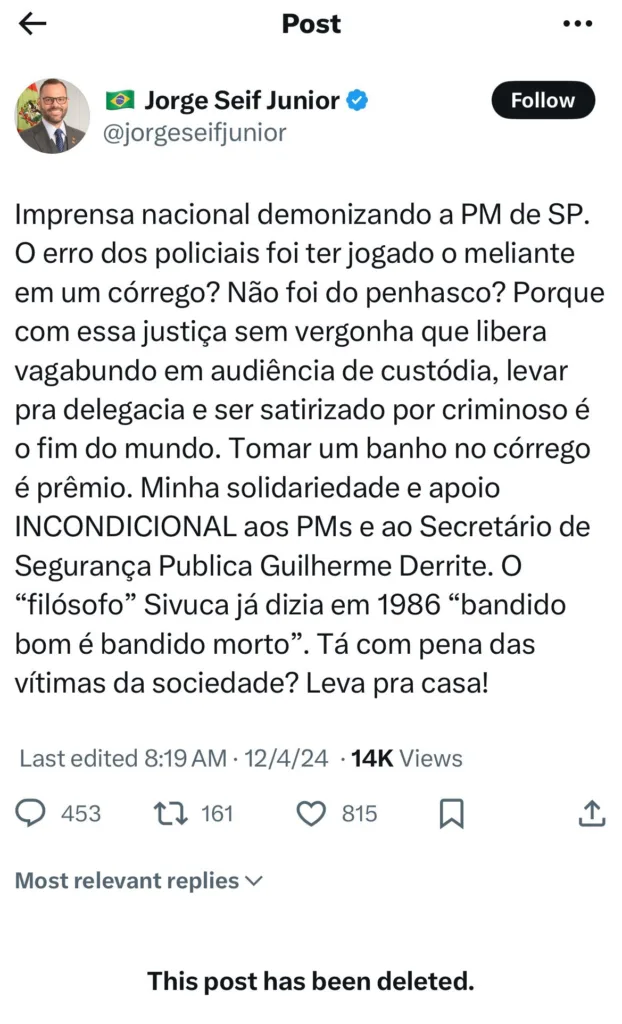 post do senador Jorge Seiff no X (Antigo Twitter) 