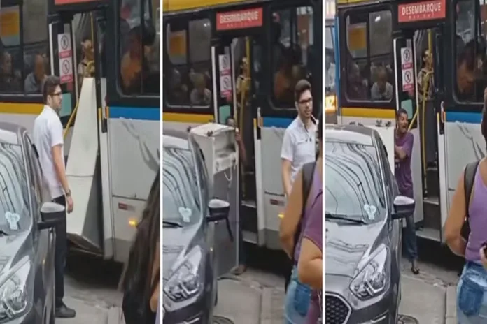 VÍDEO: Homem tenta entrar com geladeira em ônibus no RJ e xinga o motorista