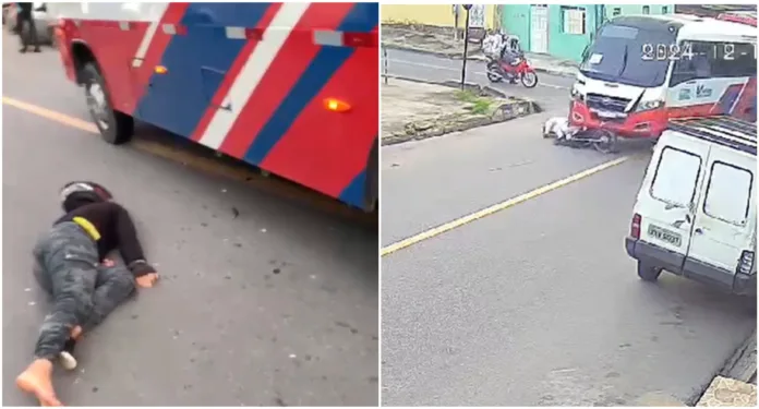 Motociclista e passageiro quase são esmagados por ônibus no Armando Mendes