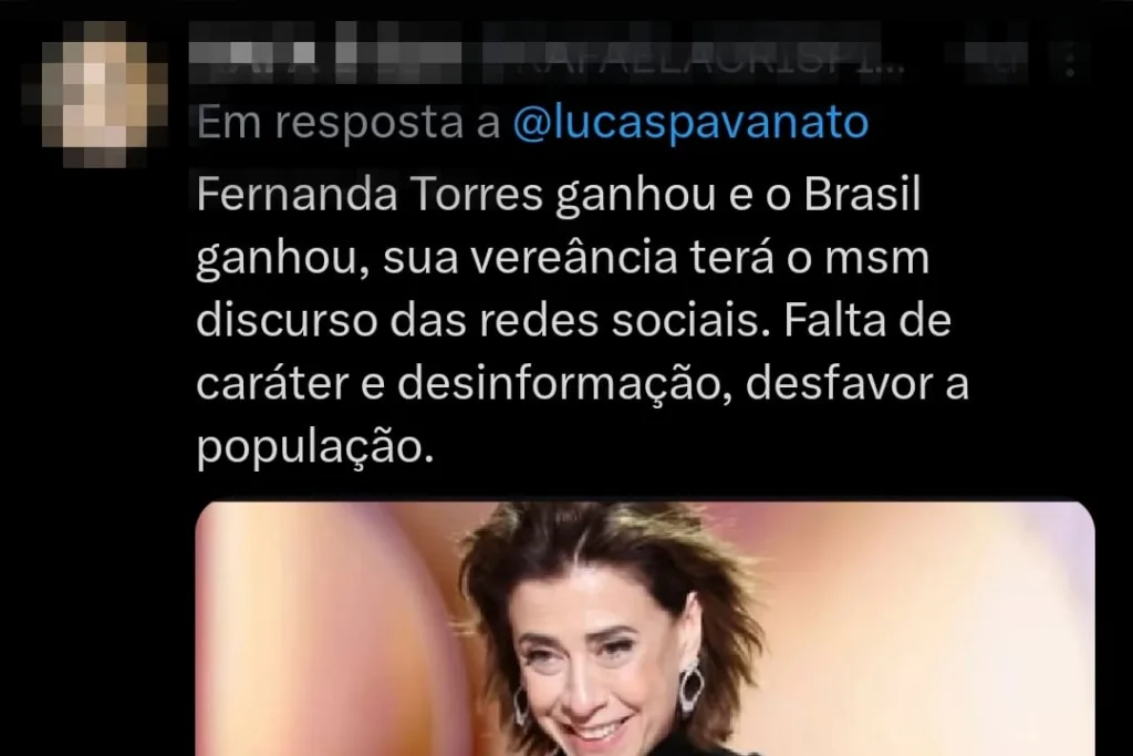 Lucas Pavanato critica fernanda Torres