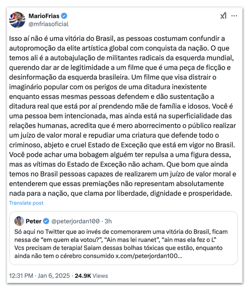 Deputado critica globo de ouro de Fernanda Torres