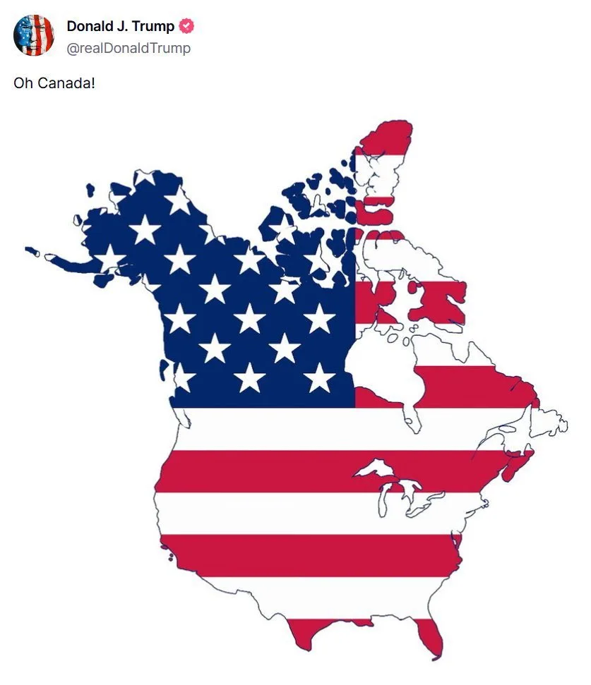 Mapa publicado por Trump, incorporando o Canadá aos EUA