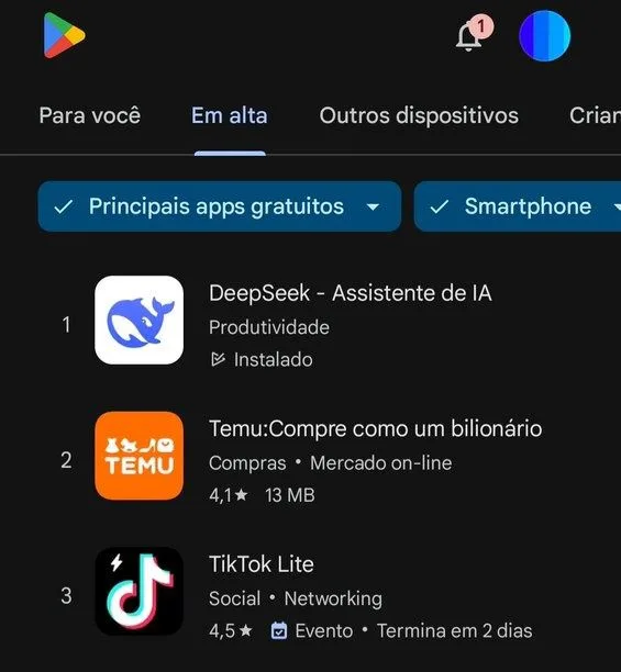 Deepseek na lidença de apps baixados no país.