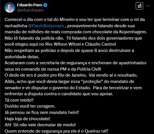 Eduardo Paes e Flávio Bolsonaro trocam ofensas redes