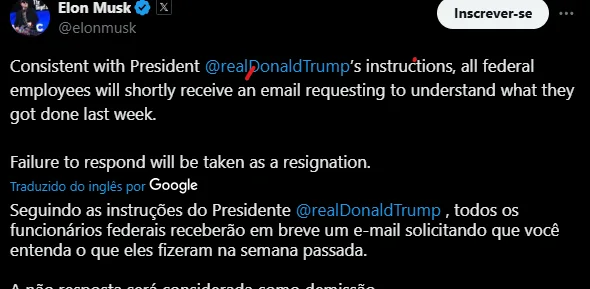 Elon Musk ameaça demitir servidores que não prestarem contas sobre trabalho