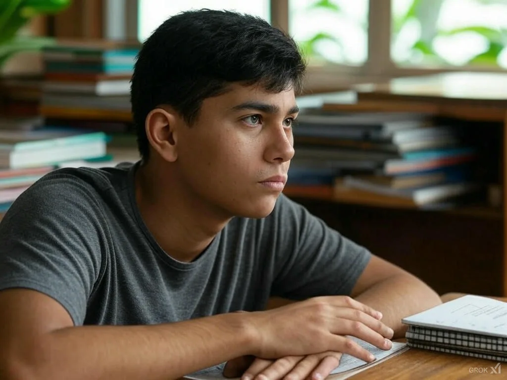 Jovem estudante focado em seus estudos, representando a preparação para carreiras do futuro e o crescimento do aprendizado digital.