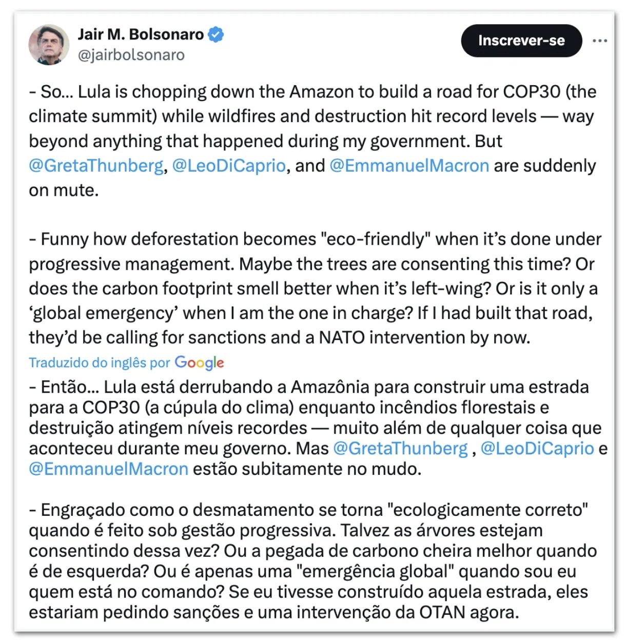 Bolsonaro cobra Greta, Leonardo DiCaprio e Emmanuel Macron sobre desmatamento na Amazônia