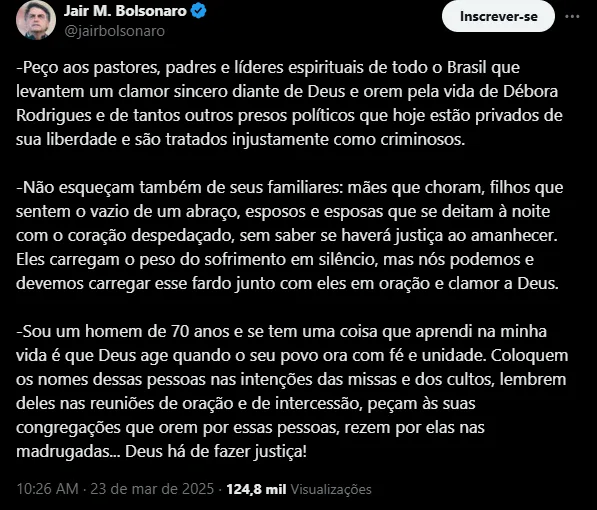 Bolsonaro pede orações por mulher que pichou “Perdeu, mané” em estátua