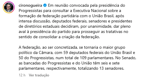 Ciro Nogueira aprova formação de federação entre PP e União Brasil