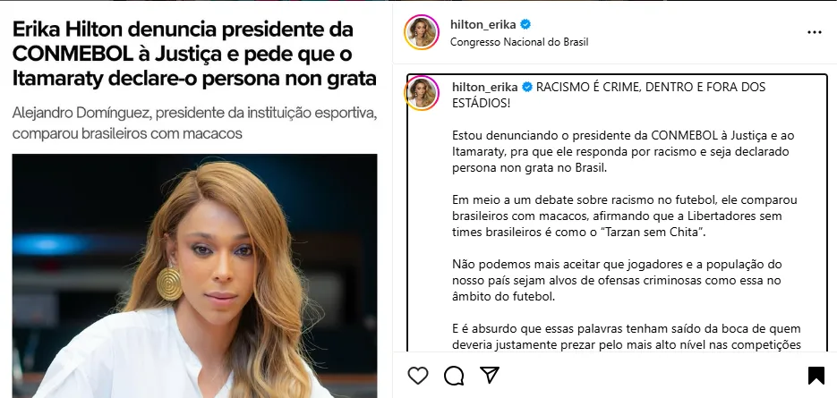 Erika Hilton aciona a Justiça contra presidente da Conmebol por racismo