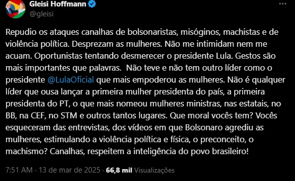 Após Lula chamar Gleisi de 'mulher bonita', oposição reage