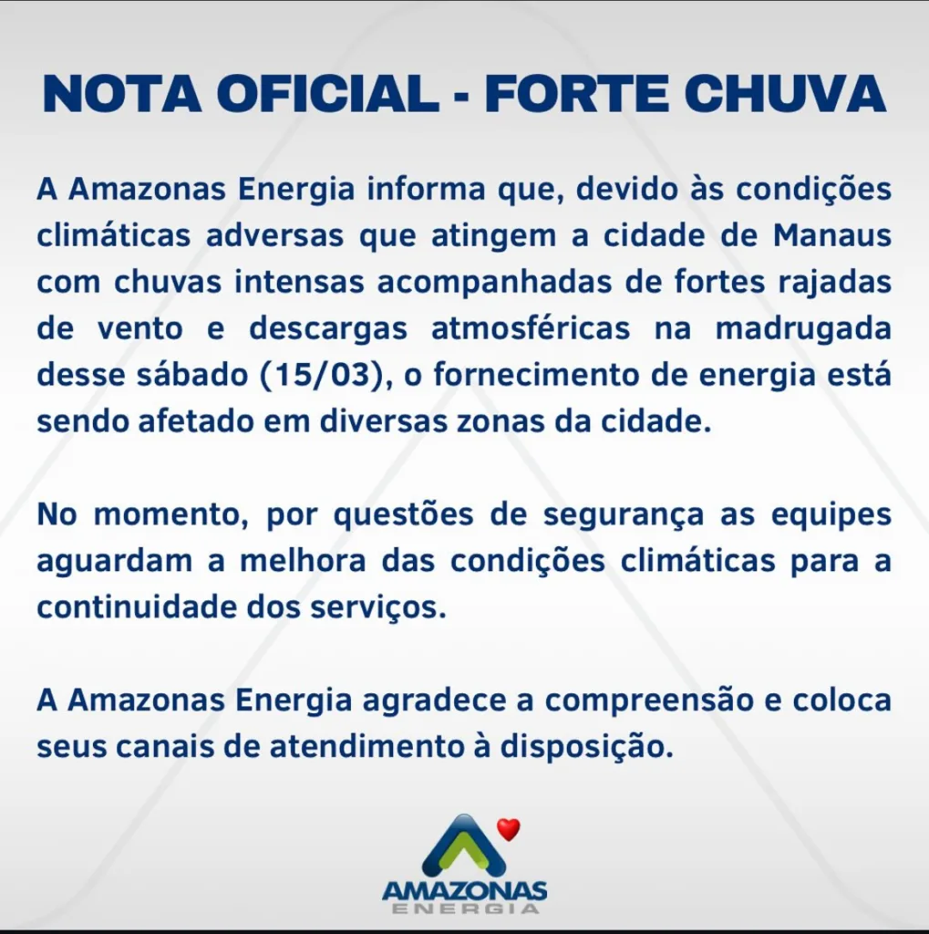 Bairros ficam sem energia elétrica após forte temporal em Manaus