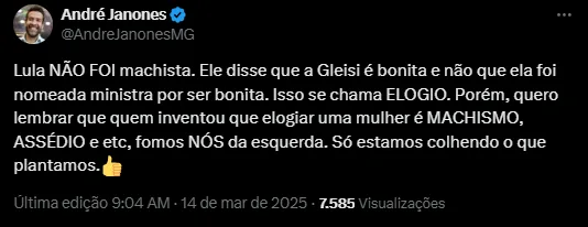 Janones - comentário - Michelle Bolsonaro - X