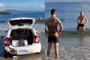 VÍDEO: motorista entra com o carro no mar para fugir da PRF em Santa Catarina