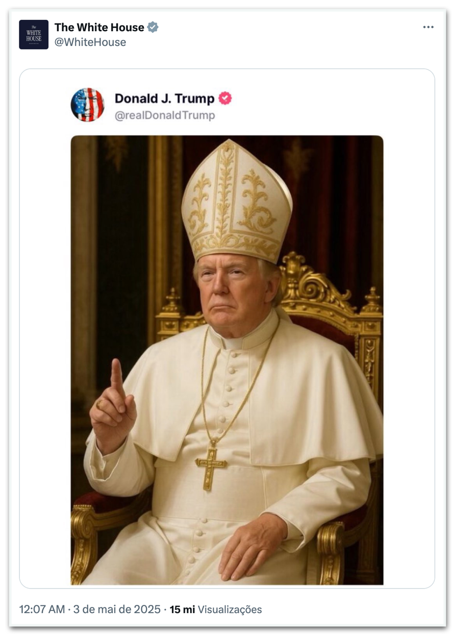 Trump posta foto vestido de papa e “lança candidatura” ao Conclave