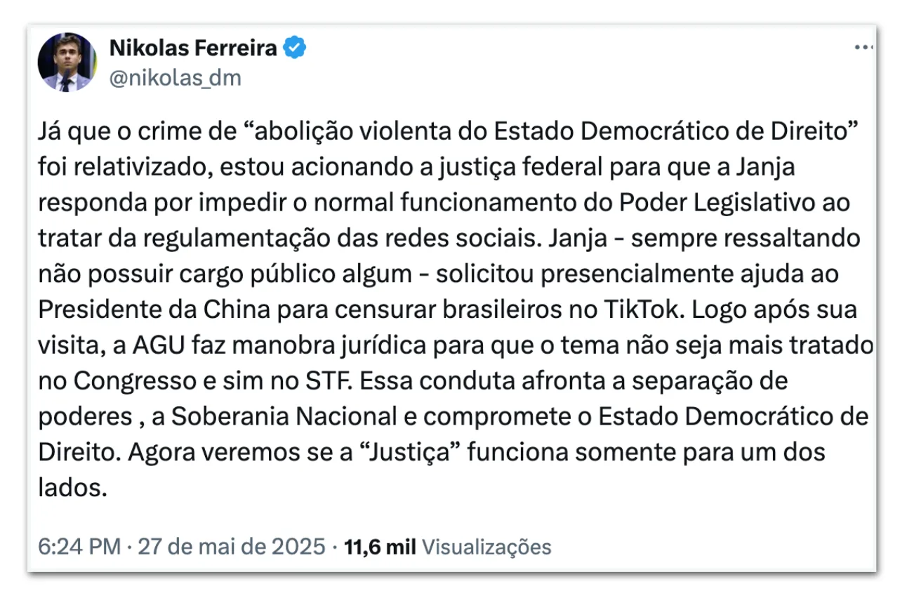 Nikolas Ferreria vai acionar Justiça contra Janja