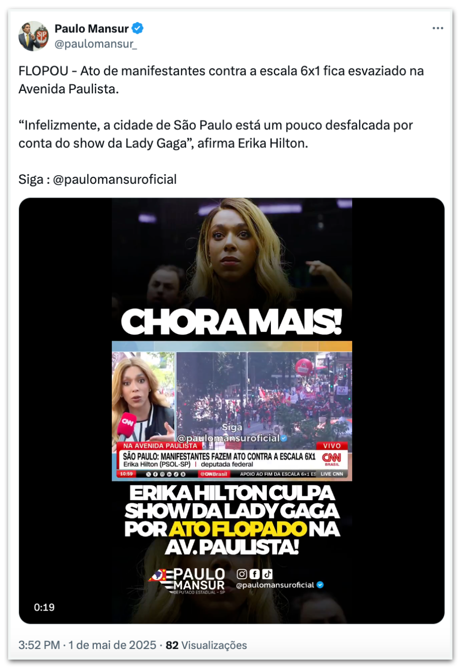 Erika Hilton culpa show de Lady Gaga por baixa adesão em ato do 1º de maio