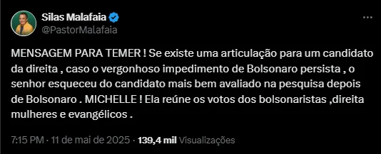 Malafaia defende Michelle Bolsonaro como candidata à presidência em 2026: “Nome mais bem avaliado”