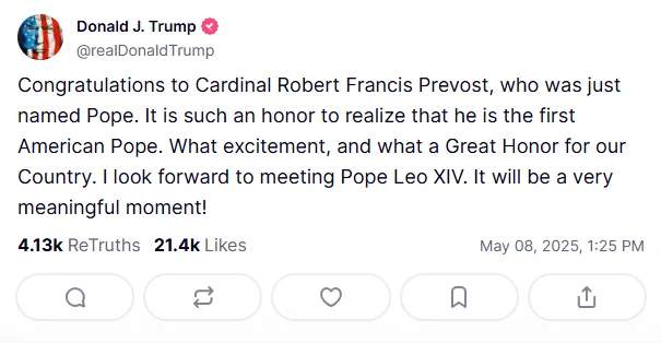 Donald Trump parabeniza Leão XIV, novo papa americano: “Grande honra para nosso país”