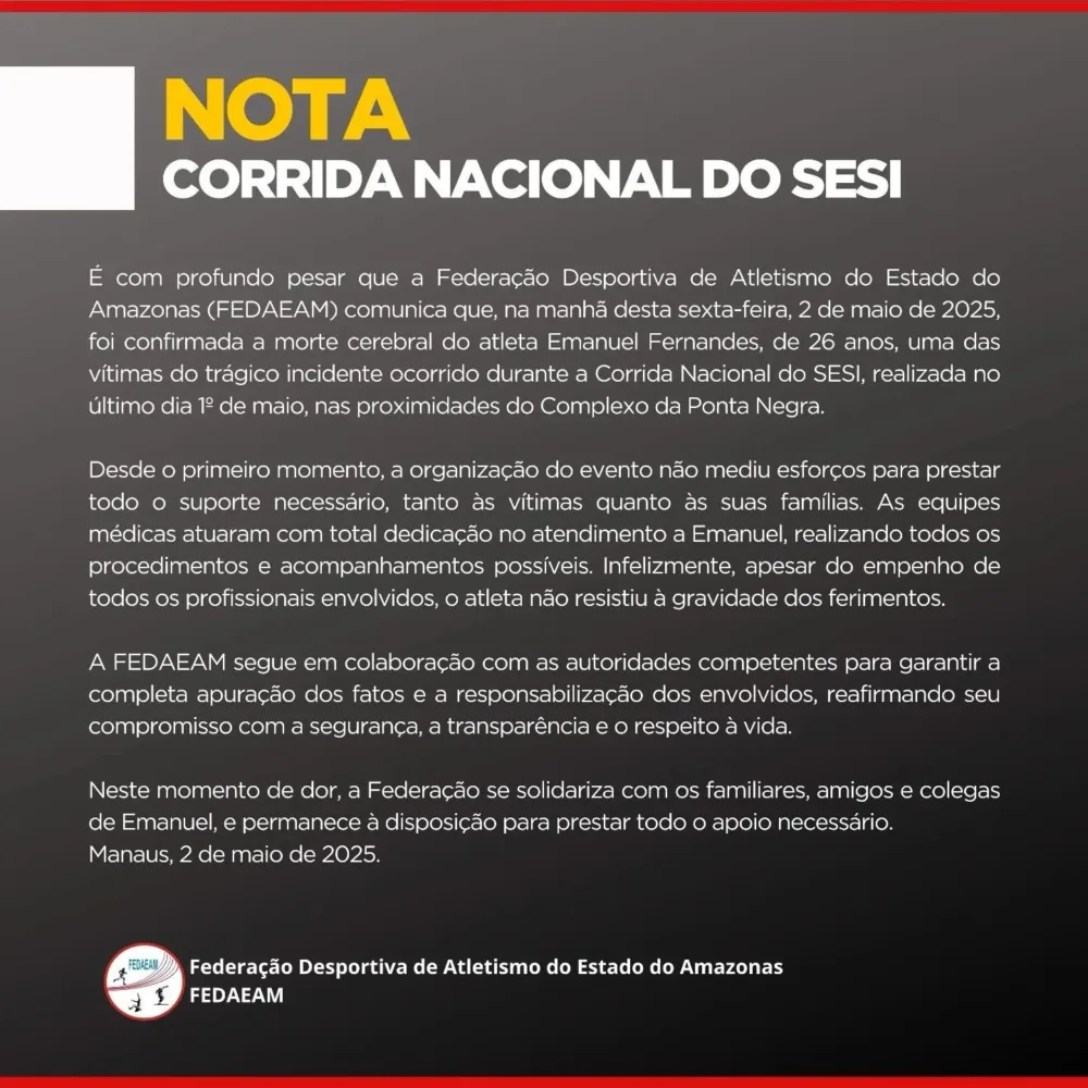 "Se a justiça falhar, a gente não vai falhar", diz cunhado de atleta morto após ser atropelado durante corrida em Manaus