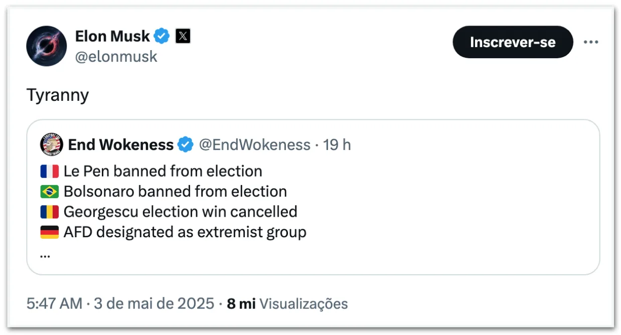 Elon Musk diz que inelegibilidade de Bolsonaro é “tirania”