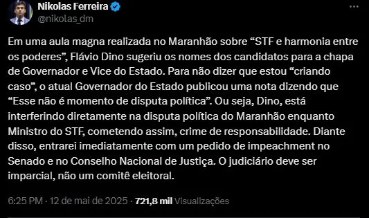 Nikolas Ferreira entra com pedido de impeachment contra Flávio Dino