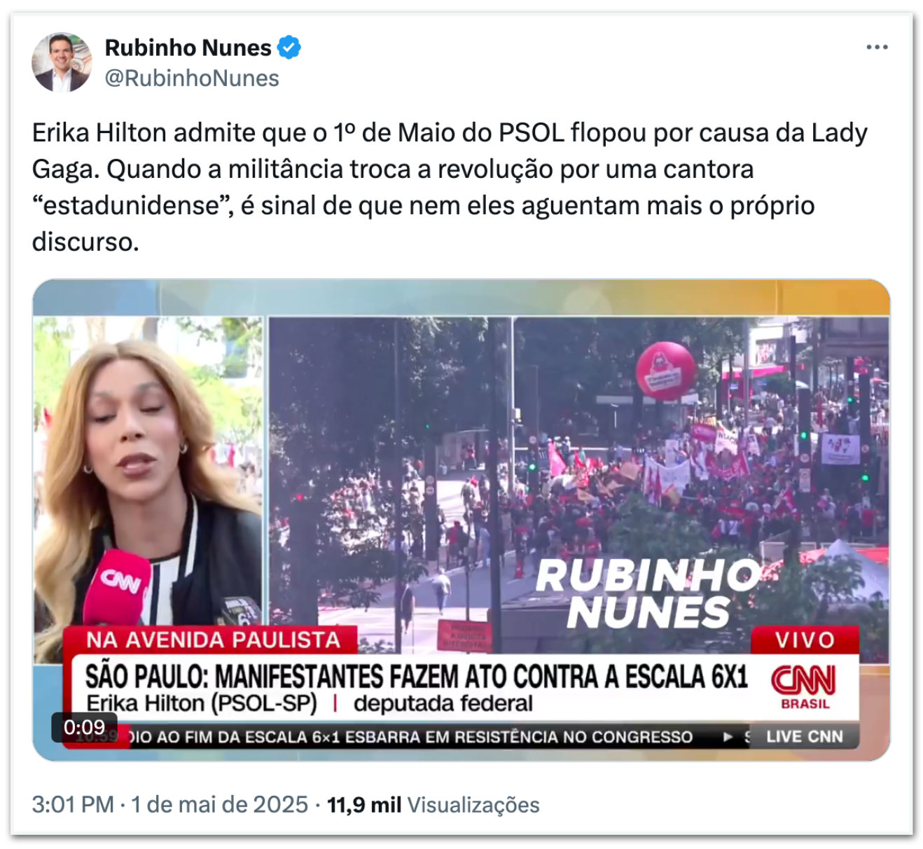 Erika Hilton culpa show de Lady Gaga por baixa adesão em ato do 1º de maio