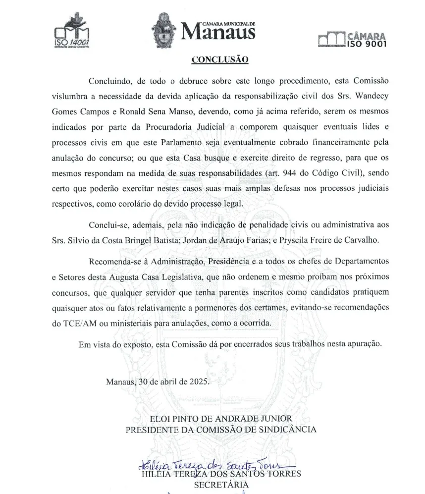 Resultado da Comissão de Sindicância que apurou o cancelamento do concurso público da CMM.