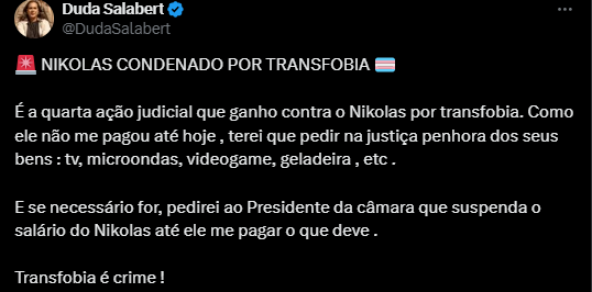 Nikolas Ferreira é condenado a pagar R$ 30 mil a Duda Salabert por transfobia; entenda