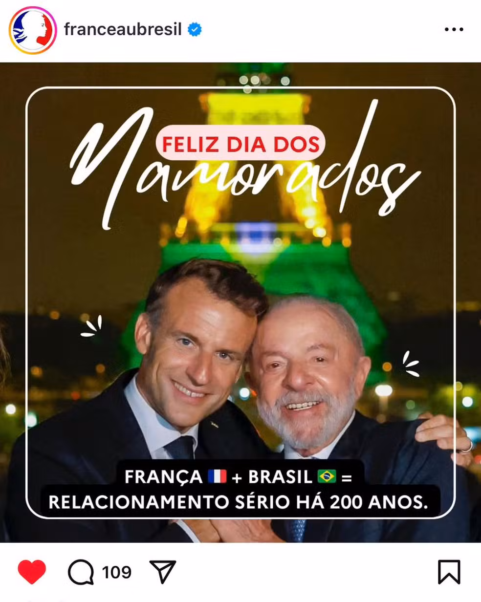 Embaixada da França publica foto de Lula e Macron em homenagem ao Dia dos Namorados