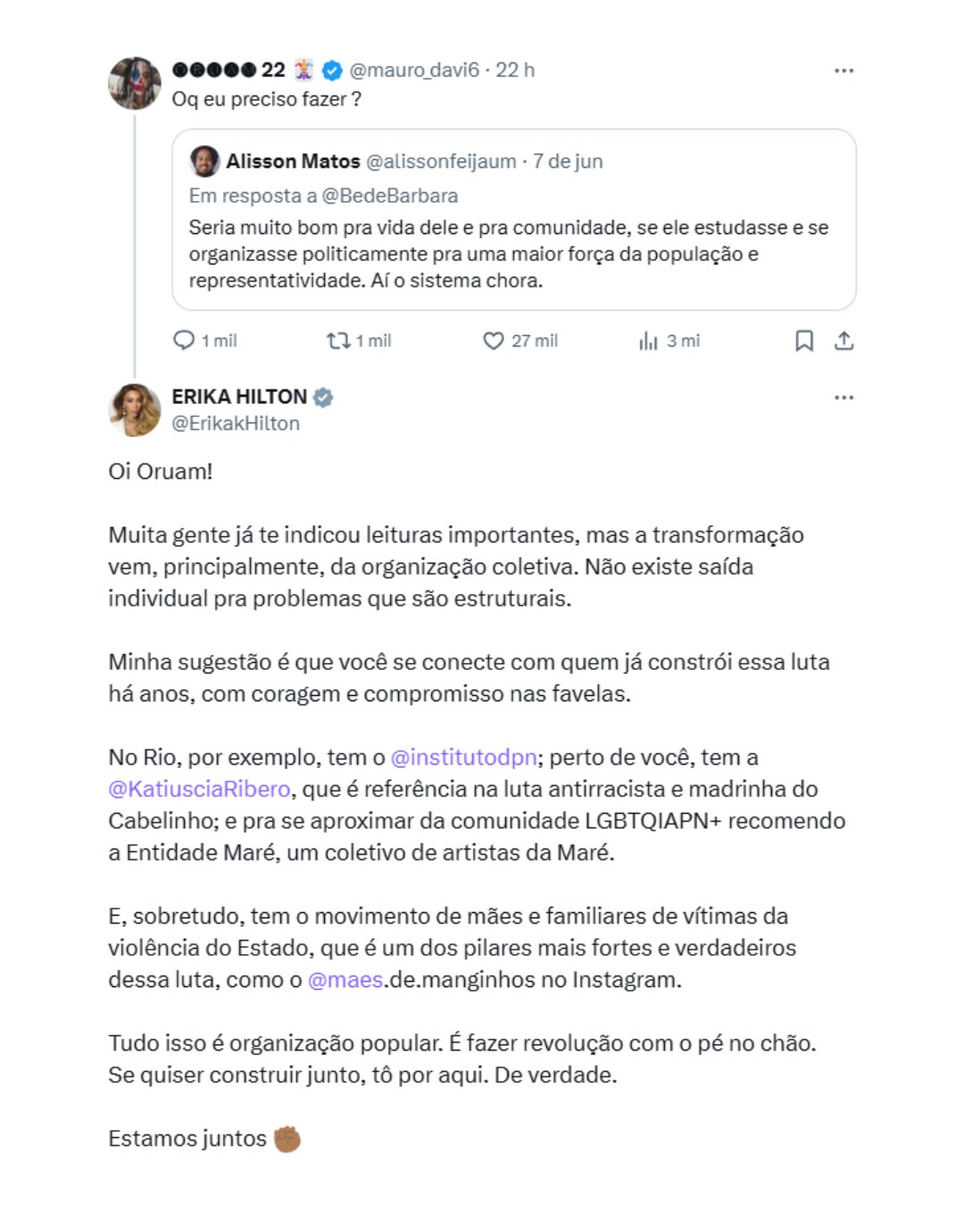 Erika Hilton aconselha Oruam no X e internautas reagem
