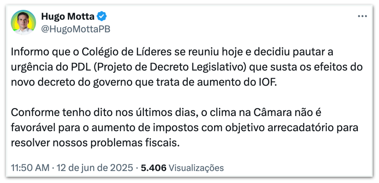 Câmara decide pautar urgência de projeto que derruba aumento do IOF