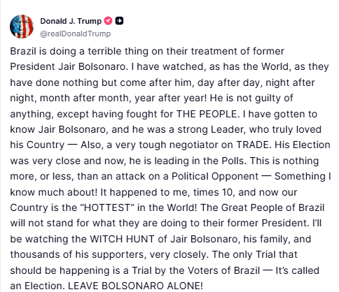 “Deixem Bolsonaro em paz!”, diz Trump ao criticar governo brasileiro e defender ex-presidente
